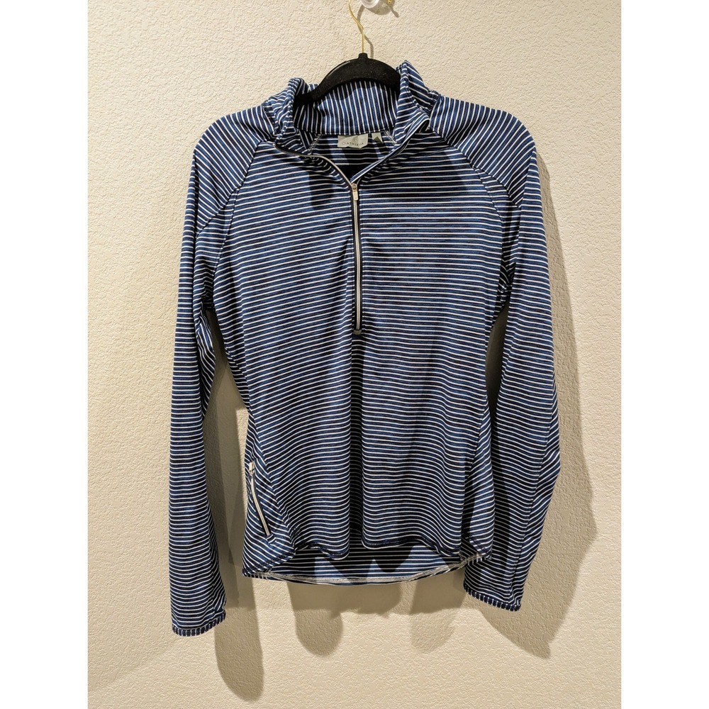 ATHLETA Women's Jacket Large‎ Pullover Thumb Holes Blue White Stripes Half Zip
